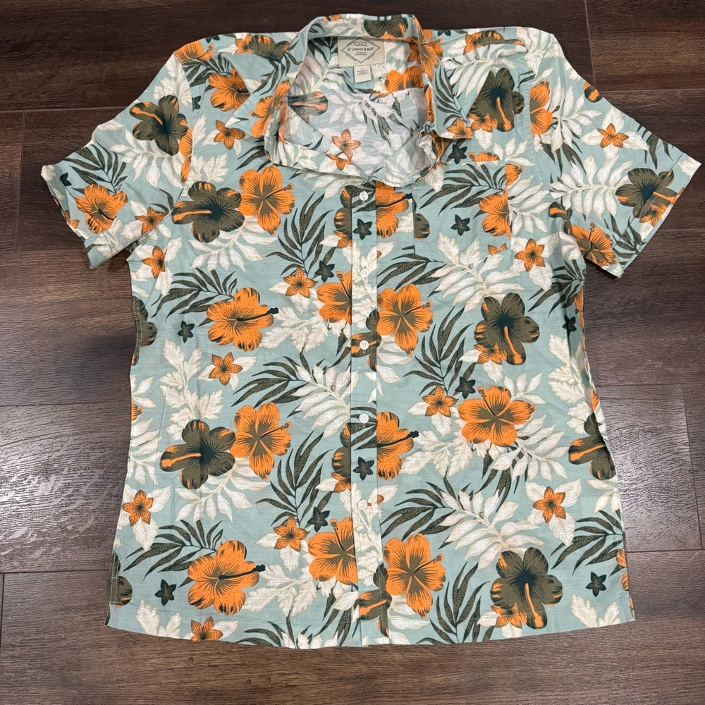 St. John's Bay Orange and Green Floral Button Down Short Sleeve Shirt SZ L